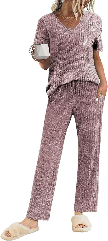 Ekouaer Womens Ribbed Knit Lounge Set Short Sleeve Top and Long Pants Sleepwear Pajama Set Two Pi... | Amazon (US)