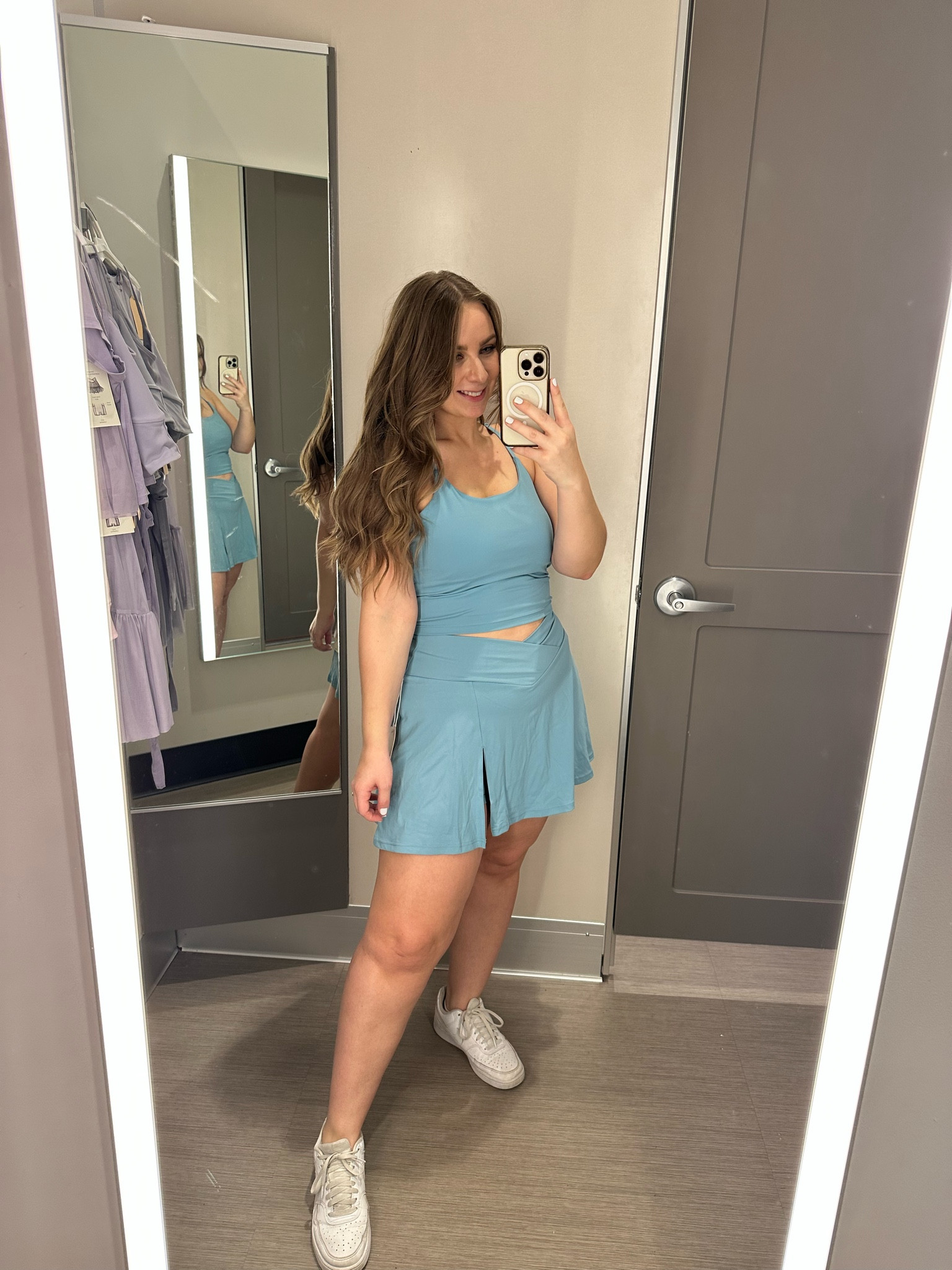 The color on this set is GORGEOUS! The top has a fun strappy detail on the back and the skort has pockets on the shorts. Wearing a medium in the top and a large in the skort.

#LTKFitness #LTKActive #LTKFindsUnder50