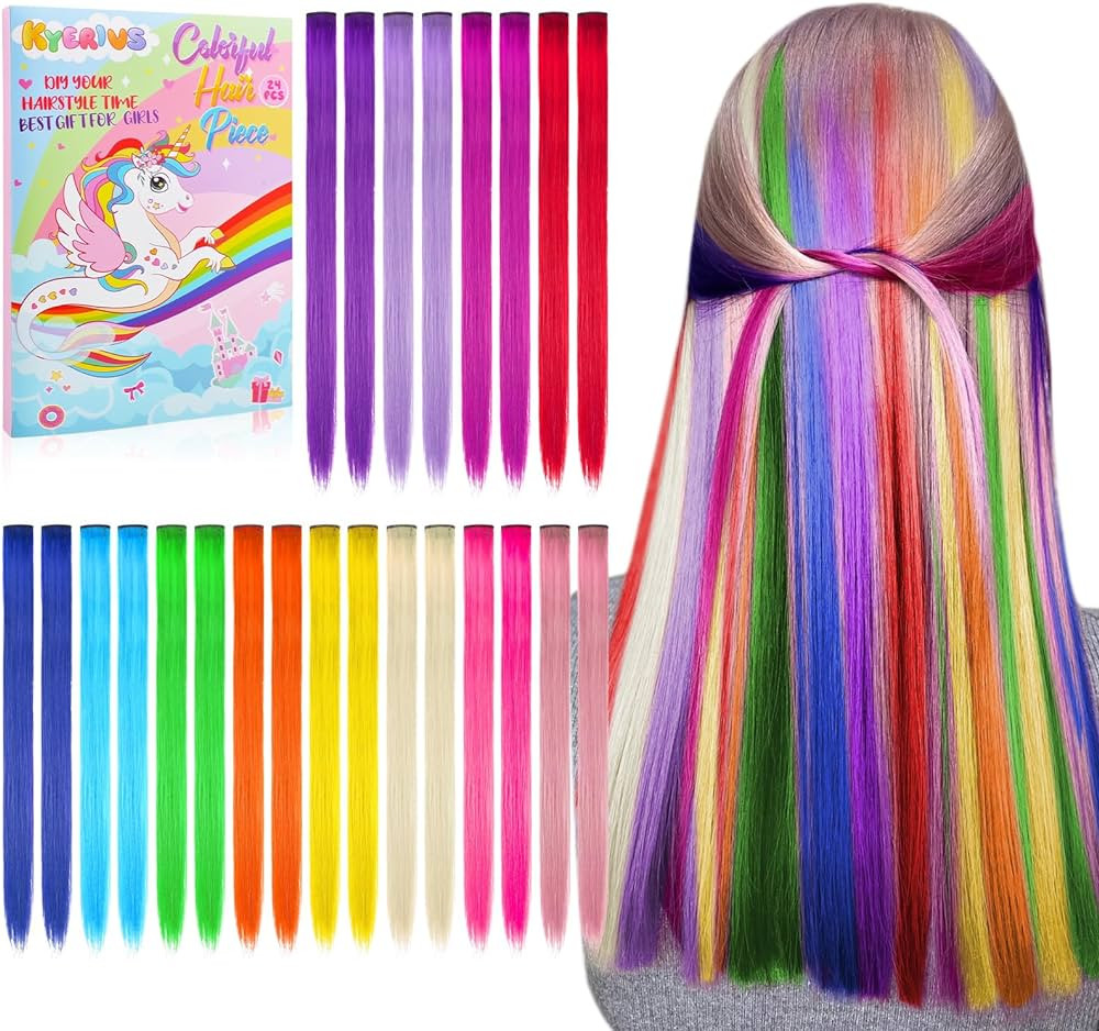 Christmas Gift Stocking Stuffers for Girls 24PCS Colored Clip in Hair Extensions Age 4 5 6 7 8-10... | Amazon (US)