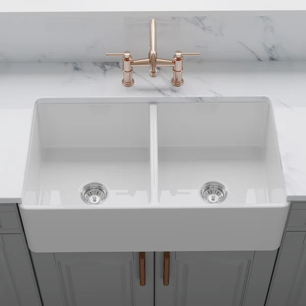 33" Crestwood Fireclay Kitchen Sink, Farmhouse Sink, Rectangle Double Bowl Apron Front, Plain Cer... | Wayfair North America