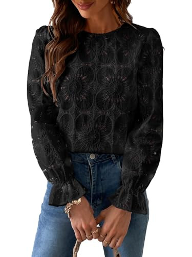 CUPSHE Women Eyelet Long Sleeve Tops Shirts Dressy Hollow Out Crochet Lace Embroidered Blouses 2025 Fashion Top Black M | Amazon (US)