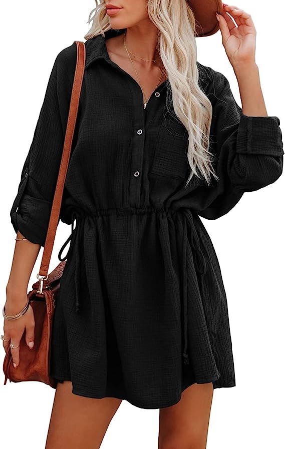 GRAPENT Women's Casual Buttons Roll Up Batwing Sleeve Loose Tunic Shirt Dress | Amazon (US)