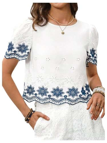 Amazon.com: SweatyRocks Women's Short Sleeve Floral Embroidery Blouse Boho Summer Hollow Out Eyel... | Amazon (US)