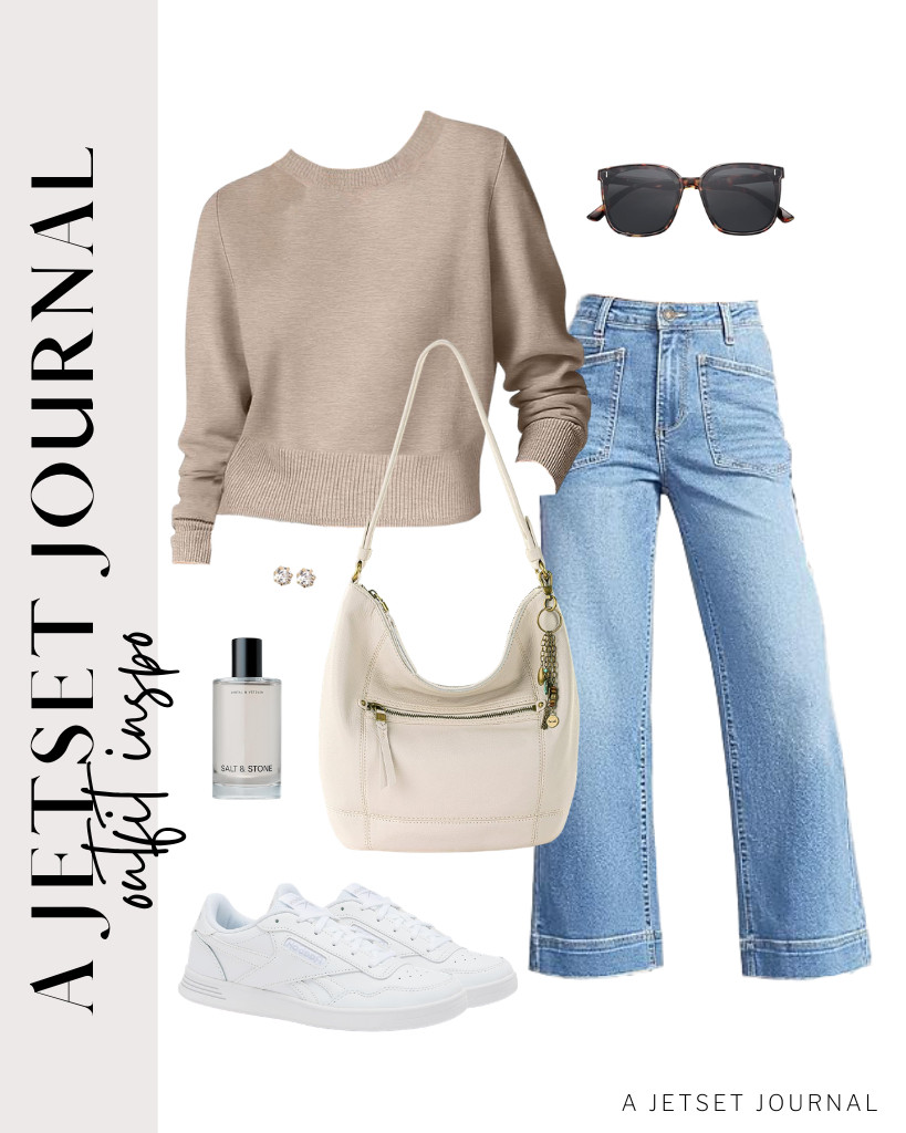 This tan crew-neck sweater and wide-leg jeans combo is perfect for coffee runs. Reebok sneakers match this look, as does The Sak Sequoia bag. Complete the look with SOJOS sunglasses and a spray of Salt & Stone Body Mist.

#LTKSeasonal #LTKSaleAlert #LTKTravel
 

 