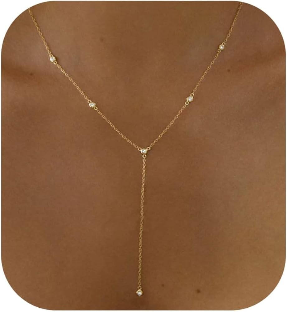 Gold Necklace for Women, Dainty Long Necklace 14k Gold Plated Lariat Long Necklaces for Women Tre... | Amazon (US)