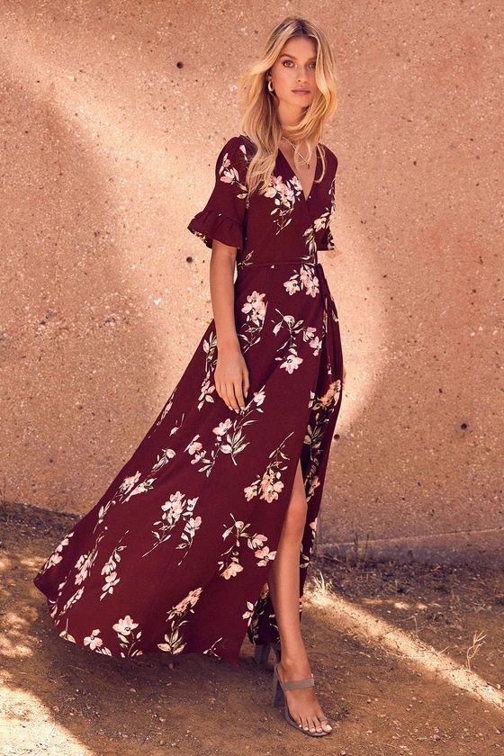 September Sunsets Burgundy Floral Print Wrap Maxi Dress | Lulus (US)