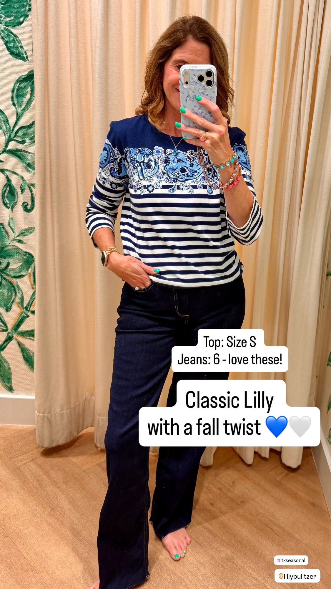 Fall Top 

Classic stripes with a little Lilly twist. 💙 I love the print detail on this top, especially paired with dark denim for fall. Easy, comfortable and polished — and such a good travel outfit too! Wearing size S in top and size 6 in jeans. 

Lilly Pulitzer fall 2026, Lilly Pulitzer new arrivals, Lilly Pulitzer fall release, Lilly Pulitzer try on, Lilly Pulitzer outfit ideas, Lilly Pulitzer styling, colorful fall outfits, preppy fall fashion, transitional fall outfit, blue fall outfit, women’s fall fashion, colorful style over 40, colorful style over 50, fall work outfit, dark denim outfit, striped sweater outfit, Lilly Pulitzer sweater, Lilly Pulitzer top

#LillyPulitzer #LillyLover #LillyStyle #LillyPulitzerStyle #LillyPulitzerNewArrivals #LillyPulitzerFall #FallFashion #FallStyle #FallOutfits #FallFashionInspo #ColorfulStyle #ColorfulFashion #PreppyStyle #PreppyFashion #TransitionalStyle #Over50Style #StyleOver50

#LTKOver40 #LTKSeasonal #LTKTravel