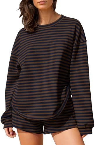 MISSACTIVER Women's Striped Lounge Set Long Sleeve Tee Shirts Drawstring Wide Leg Shorts Matching... | Amazon (US)