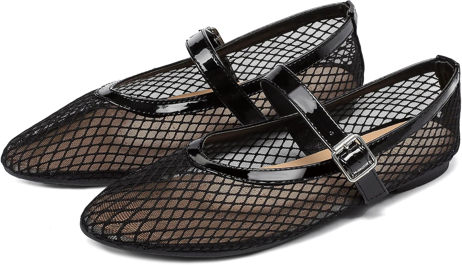 Women's Mesh Ballet Flats Round Toe Fishnet Ballerina Flats Buckle Strap Mary Jane Ballet Flats f... | Amazon (US)