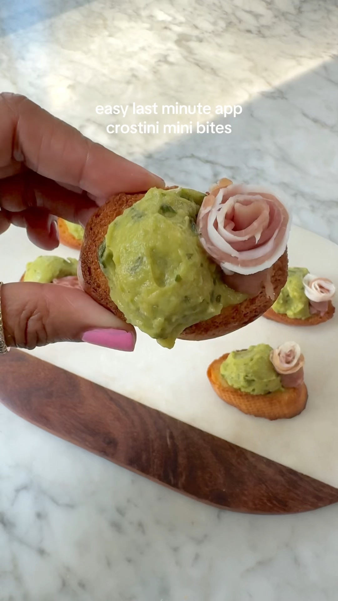 Last minute appetizer- mini crostinis with prosciutto rose and guacamole 🥑 #partyfood #appetizer #smallbites #easyrecipe 

#LTKParties #LTKSummerEdit #LTKHome