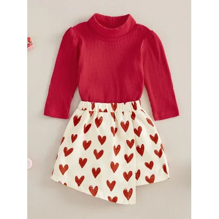 Mama s sunshine Toddler Girl Valentine s Day Outfits Solid Color Mock Neck Long Sleeve T-Shirts Tops and Heart Print Skorts 2Pcs Clothes Set | Walmart (US)