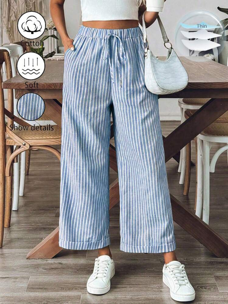 Breezaya Pantalones Rectos Casuales De Uso Diario Con Cinturón, Estilo Raya Ancha "Old Money" Para Mujer | SHEIN