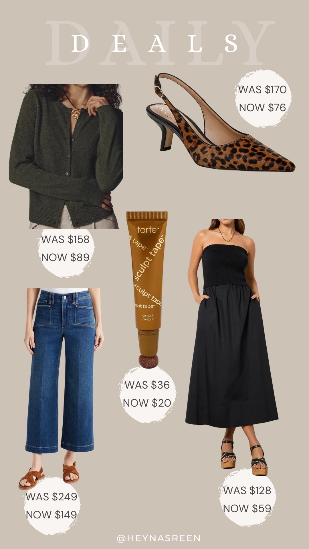 Daily deals on Anthropologie cardigan, Sam Edelman heels, Evereve dress, Tarte bronze tape, Paige wide legs jeans 