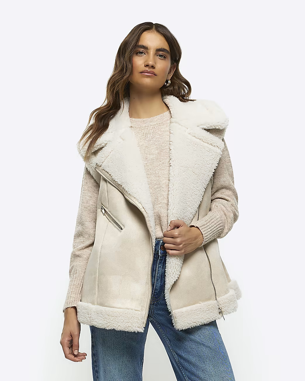 Cream suedette borg lining gilet | River Island (UK & IE)
