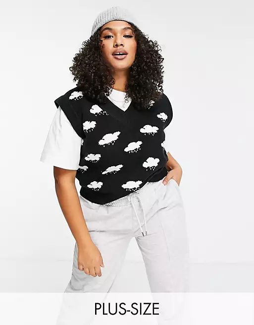 Pieces Curve Exclusive knit sweater vest in black cloud print | ASOS (Global)