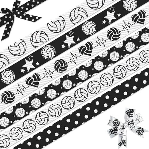 NUVCELKA Volleyball Ribbon, 6 Pack (5/8 Inch x 3 Yards Each), Black White Sports Grosgrain Ribbon, Stars & Heartbeat Pattern for Team Gift Wrapping, Hair Bows, Party Decoration | Amazon (US)
