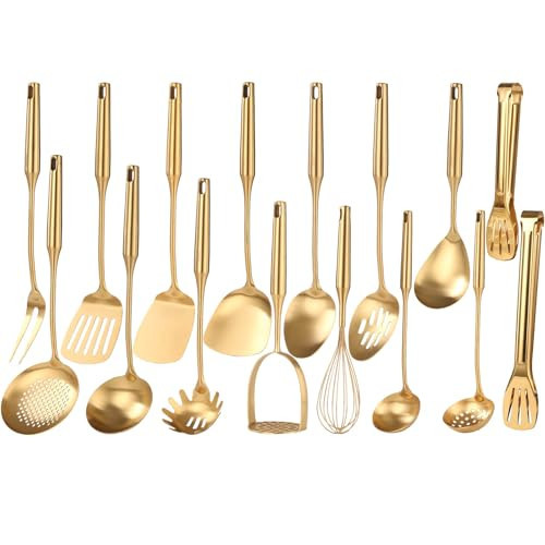 Gold Cooking Utensils Set - 18/10 Stainless Steel Large and Small Spoons Set, 16 PCS All Metal Kitchen Tools, Serving Utensils - Whisk, Masher, Fork, Tongs, Spatula, Ladle, Skimmer, Turner, Pasta | Amazon (US)