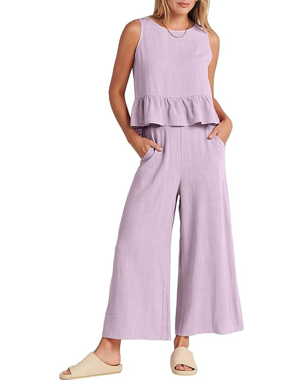ANRABESS Women's Summer 2 Piece Outfits Sleeveless Tank Crop Top Wide Leg Pants Linen Lounge Matc... | Amazon (US)