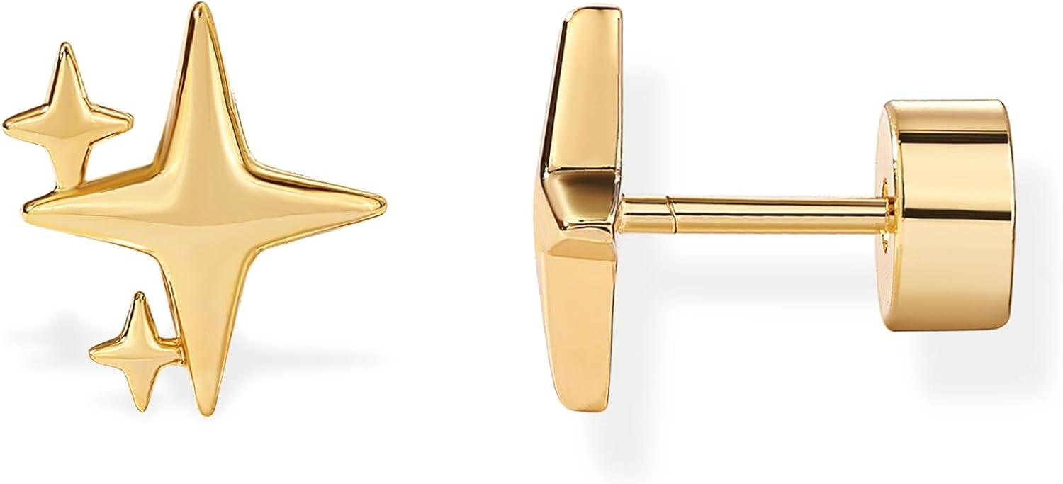 PAVOI 14K Gold Plated Dainty Flat Back Earrings for Women, Piercing Studs | Amazon (US)