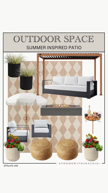 Summer inspired patio, outdoor space, outdoor patio furniture, pergola, outdoor fireplace, fire pit, umbrella, lounge chairs, outdoor table, outdoor rug, faux plants, faux planters, ottomans. 

#LTKHome #LTKStyleTip #LTKSeasonal