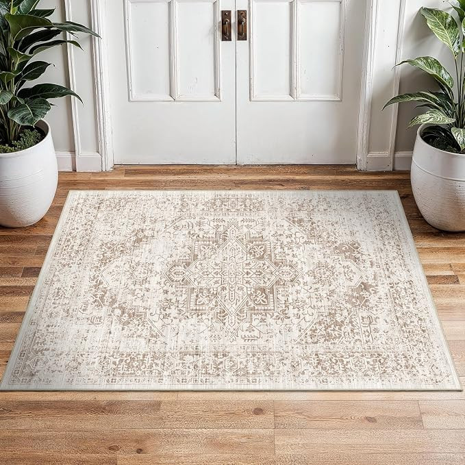 2x3 Entryway Area Rug Washable - Neutral Small Entry Rug Kitchen Rug Runner Vintage Soft Floor Ma... | Amazon (US)