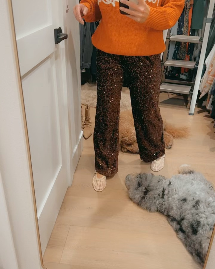 Thanksgiving pants | velvet sequence | sparkly | brown | wide leg 

#LTKOver40 #LTKHoliday #LTKPetite