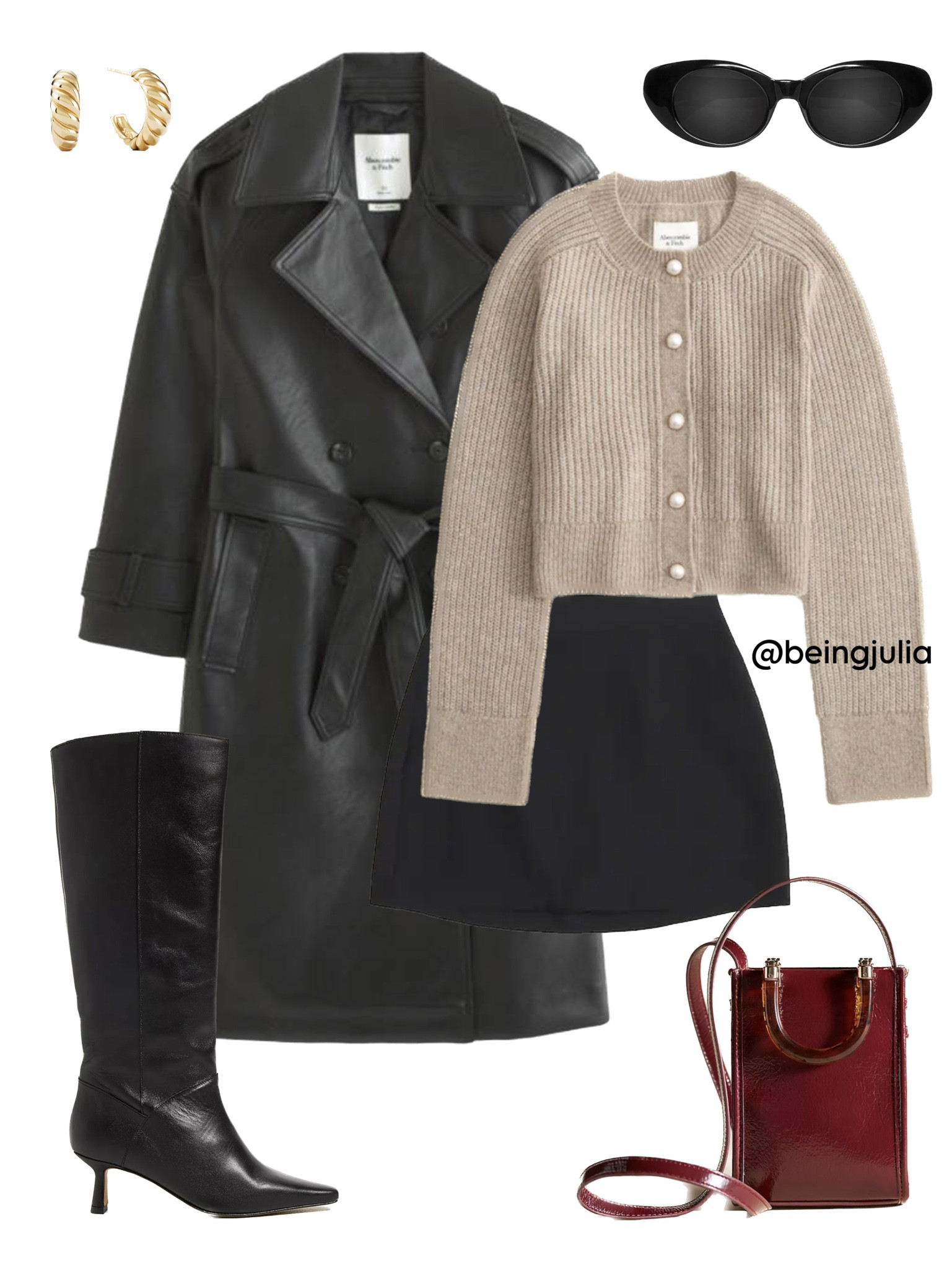 Fall outfit inspiration! Details below:

-Vegan leather trench coat from Abercrombie. 
-Beige crew neck cardigan sweater with pearl buttons from Abercrombie. 
-Black mini skort from Abercrombie. 
-Knee high black leather boots from Anthropologie. 
-Burgundy patent leather mini bag from Anthropologie. 
-Celine Triomphe 52mm sunglasses in black acetate. 
-Mejuri gold croissant dome hoop earrings. 


#LTKSeasonal #LTKstyletip #LTKfindsunder100