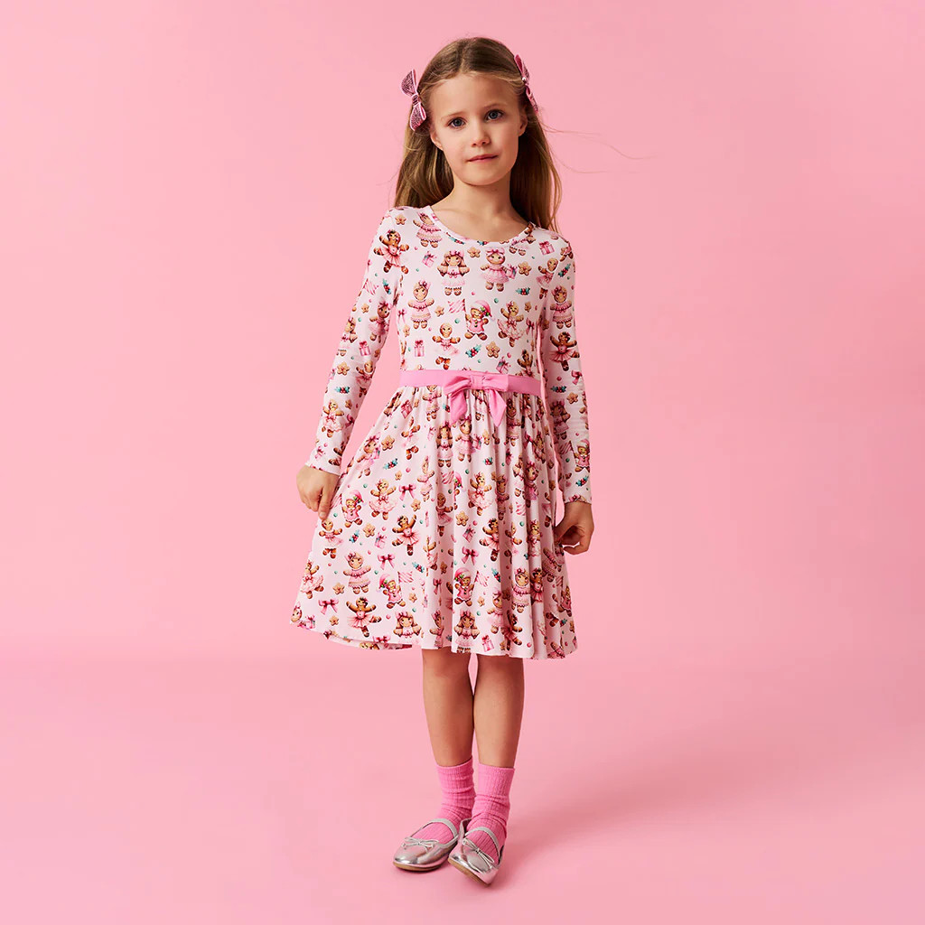 Holiday Pink Long Sleeve Ginger Posh Bow Twirl Dress | Posh Peanut® | Posh Peanut