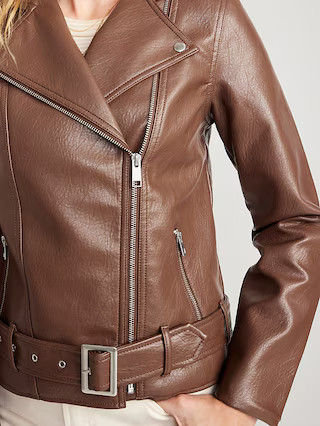 Faux-Leather Belted Biker Jacket for Women | Old Navy (US)