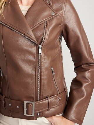 Faux-Leather Belted Biker Jacket for Women | Old Navy (US)