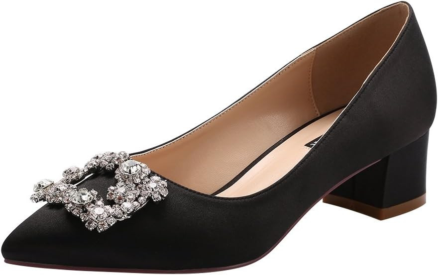 ERIJUNOR Women Comfort Chunky Heel Pointed Toe Rhinestone Wedding Evening Satin Shoes for Bride | Amazon (US)