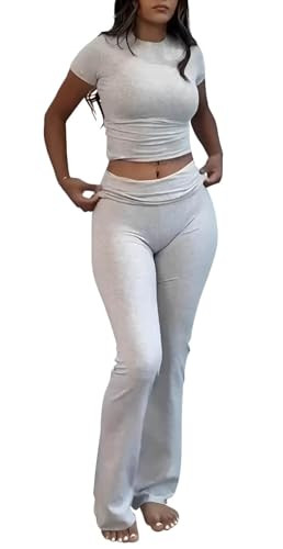 AYWA Women's 2 Piece Lounge Sets Short Sleeve Crop Top Foldover Flare Pants Casual Pajama Outfits (Light Heather Grey, Small) | Amazon (US)