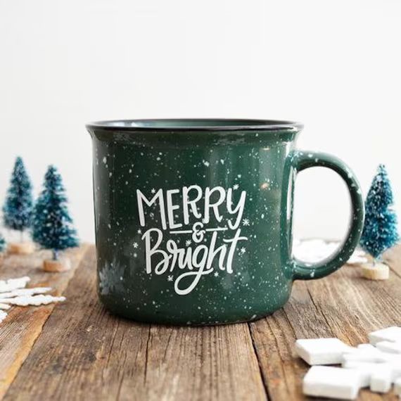 IMPERFECT Holiday Christmas Mug, Green Campfire Mug, Ceramic Mug, Merry & Bright, Hand Lettered M... | Etsy (US)