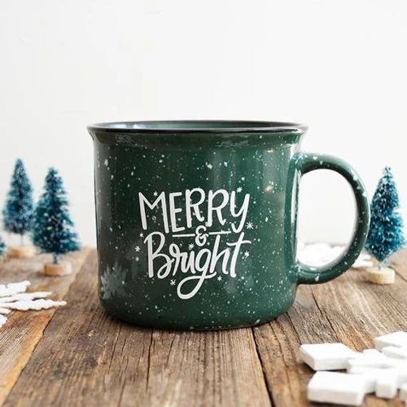 IMPERFECT Holiday Christmas Mug, Green Campfire Mug, Ceramic Mug, Merry & Bright, Hand Lettered M... | Etsy (US)