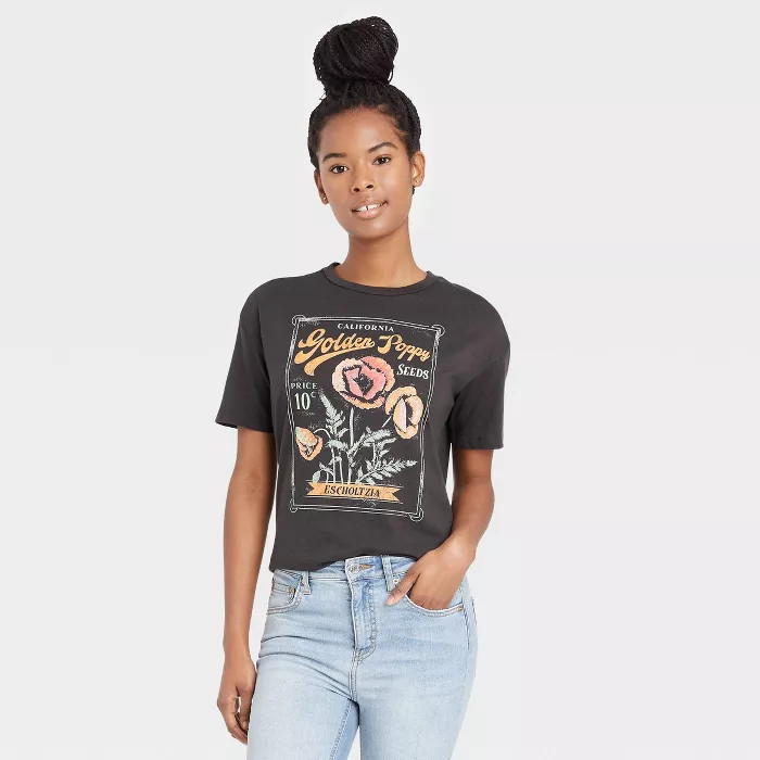 Women's Golden Poppy Floral Print Short Sleeve Graphic T-Shirt - Black | Target