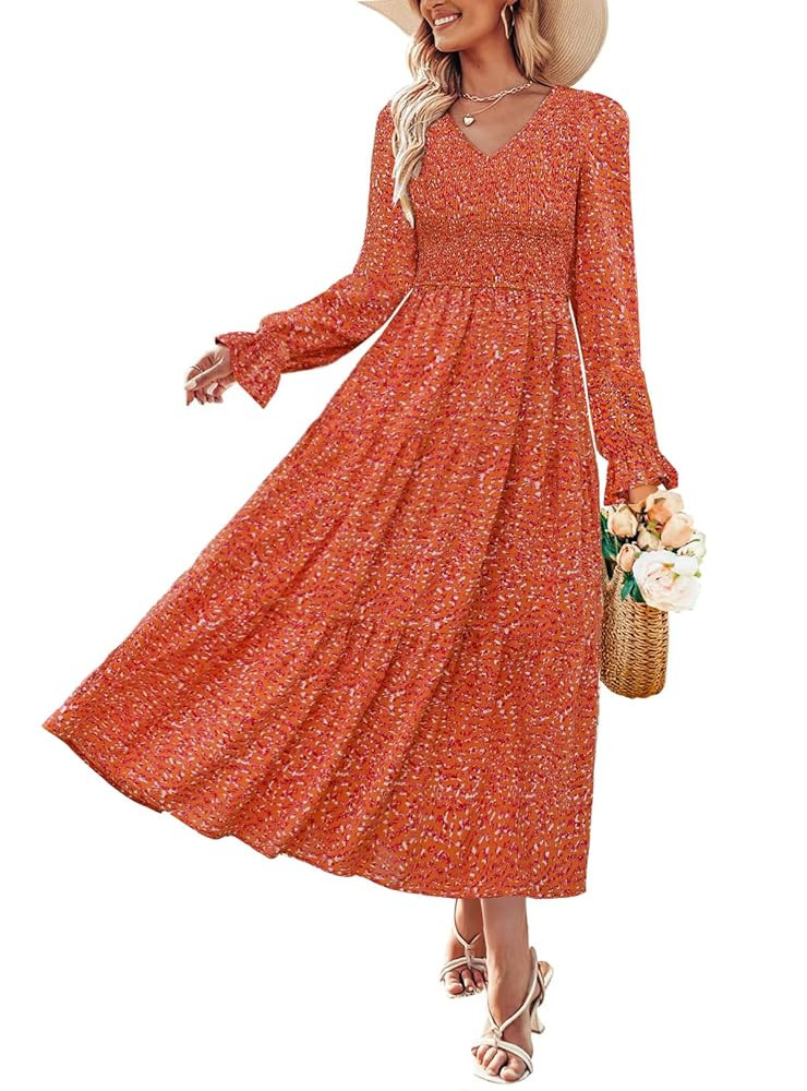ZESICA Women's Fall Long Sleeve Floral Boho Dress 2025 Casual V Neck A-Line Flowy Wedding Guest M... | Amazon (US)