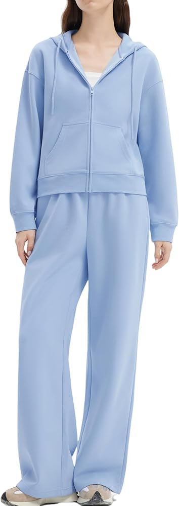 SUUKSESS Womens 2 Piece Sweatsuits Outfits Zip Up Hoodie Tracksuit Straight Wide Leg Sweatpant Lo... | Amazon (US)