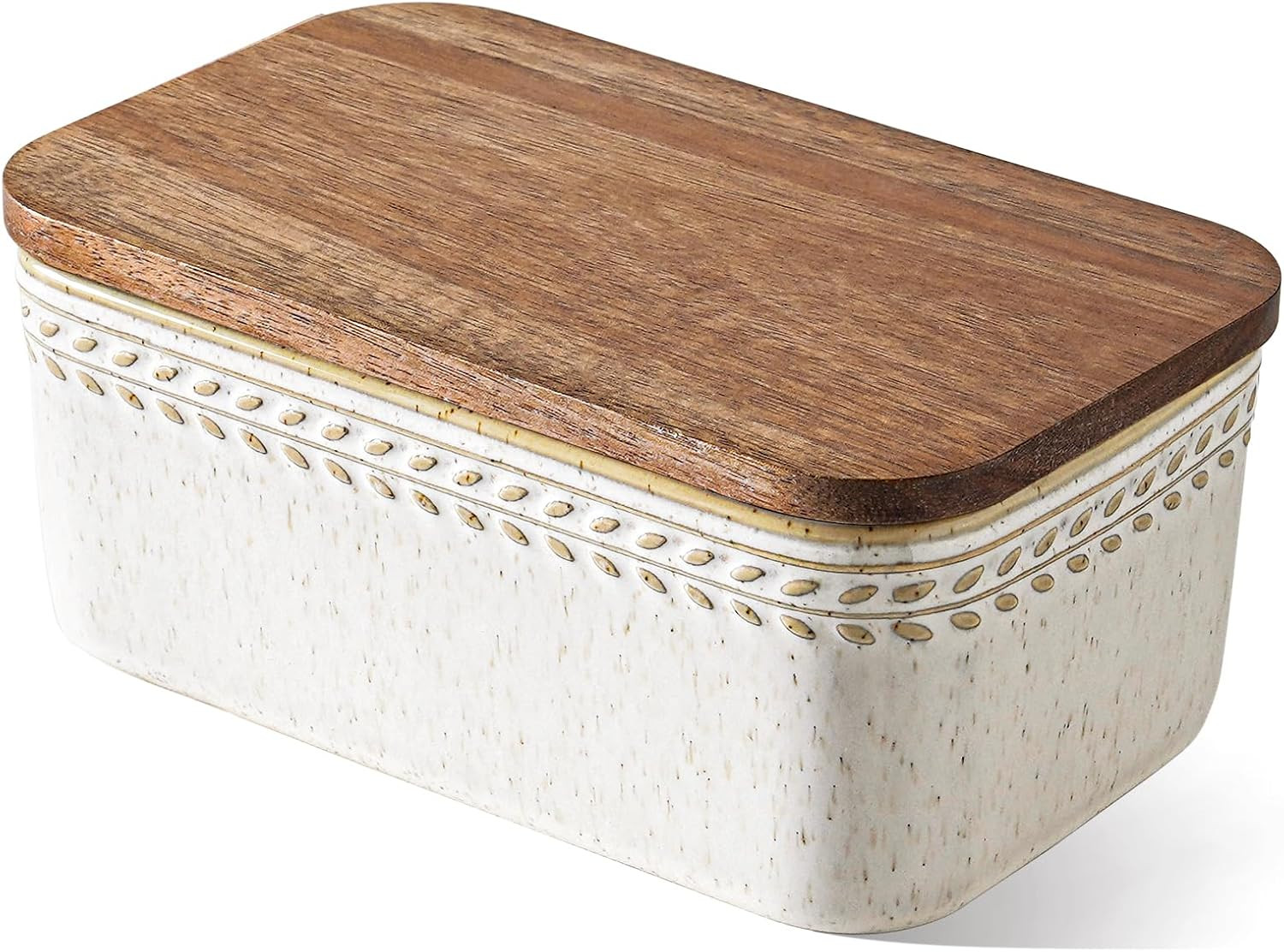 LE TAUCI Butter Dish with Lid for Countertop, Ceramic Butter Container, Embossed Butter Keeper with Acacia Wood lid and Airtight Cover, Farmhouse Decor - Set of 1, Brich | Amazon (US)
