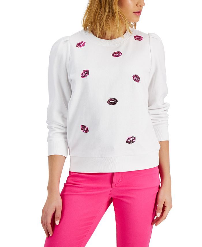 Charter Club Sequin-Embellished Lip-Graphic Sweatshirt, Created for Macy's & Reviews - Tops - Wom... | Macys (US)