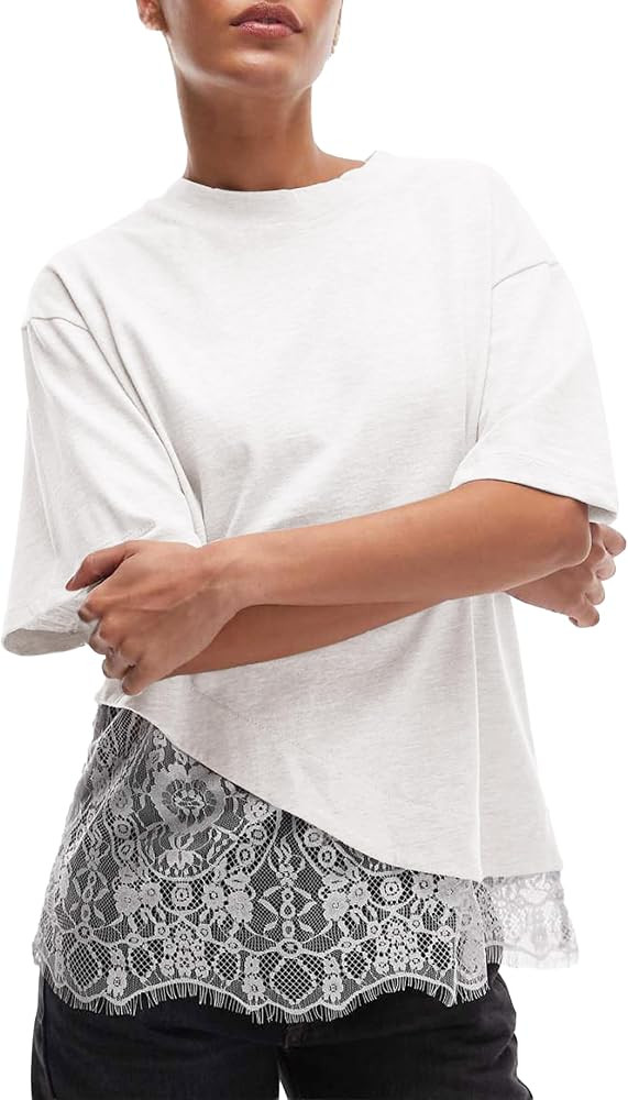Womens Lace Patchwork Tops Casual Short Sleeve Cotton T Shirts | Amazon (US)