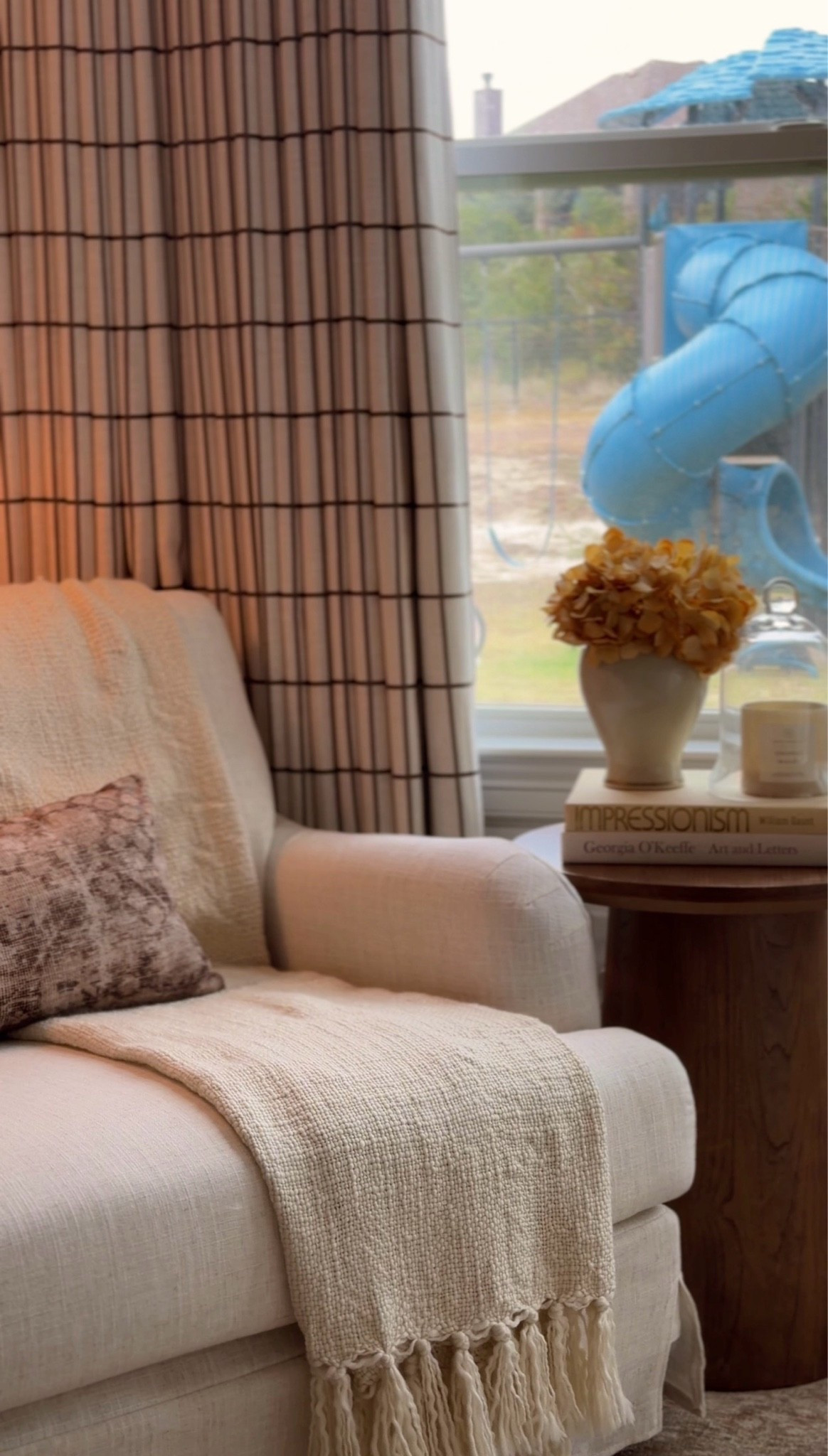Accent chair, Bedroom chair, Cozy chair, Reading chair, Reading nook, Cozy corner, Bedroom decor, Primary bedroom, Cozy bedroom, Bedroom inspiration, Traditional home, Transitional home, Collected home, Timeless interiors, Warm neutral decor, Neutral home, Plaid curtains, Window treatments, Throw blanket, Decorative pillow, Side table, Round side table, Faux hydrangeas, Fall bedroom decor, Cozy home, Nancy Meyers style, Classic home decor, Home styling, Bedroom corner styling, Lived in home

#LTKstorytime #LTKHome #LTKSaleAlert