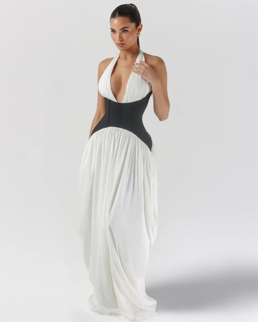 White and black halter corset maxi dress | Heiress Beverly Hills