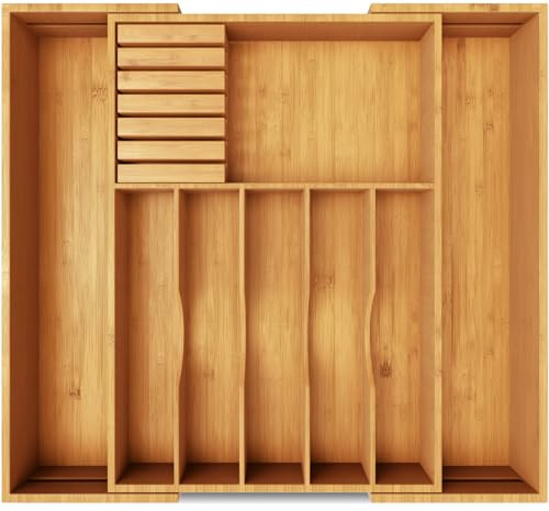 Premium Expandable Kitchen Drawer Organizer - 100% Bamboo Organizer Tray - Great for Silverware, Large Utensils, Flatware, Cutlery - 8 Compartments with Knife Block - Perfectly Fits Your Drawers | Amazon (US)