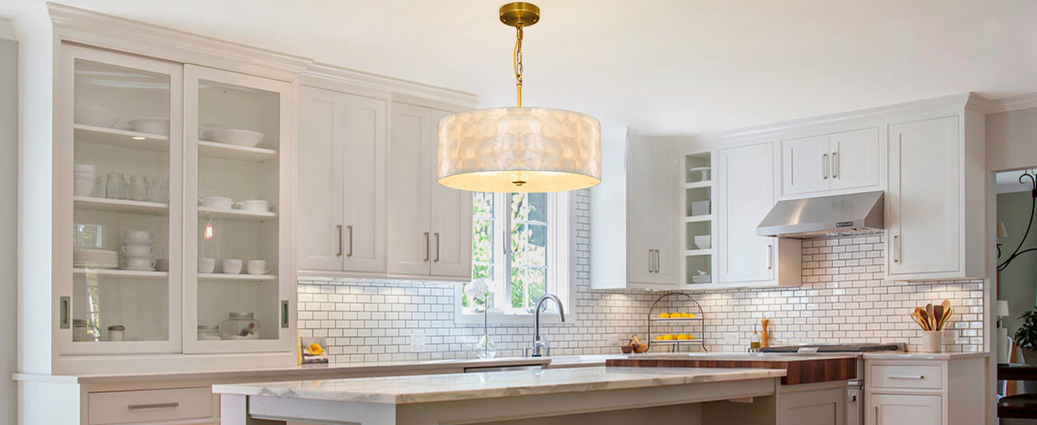 Coastal Drum Capiz Shell Chandelier: 18" Gold Modern White Round Seashell Shade with Hammered Gla... | Amazon (US)