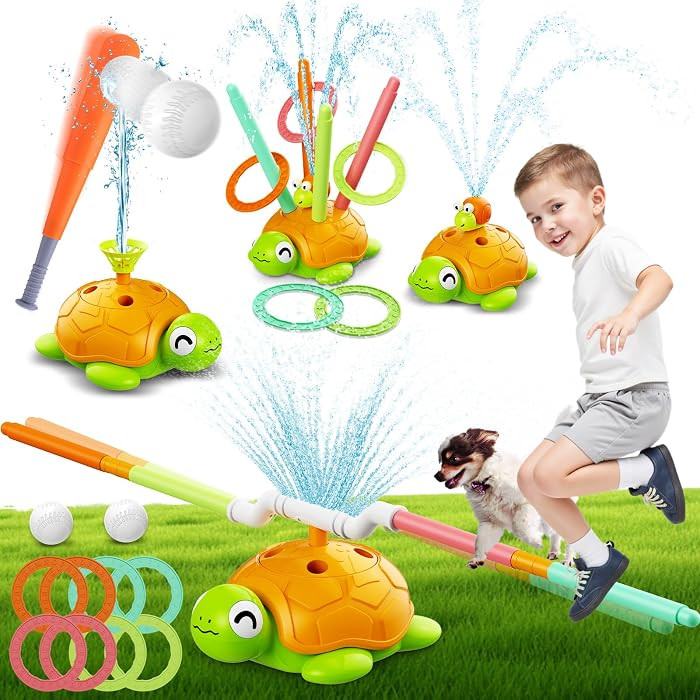 4-in-1 Turtle Water Sprinkler Toys for Kids - Summer Oudoor Toy with Baseball Ringtoss Tubes - Ou... | Amazon (US)