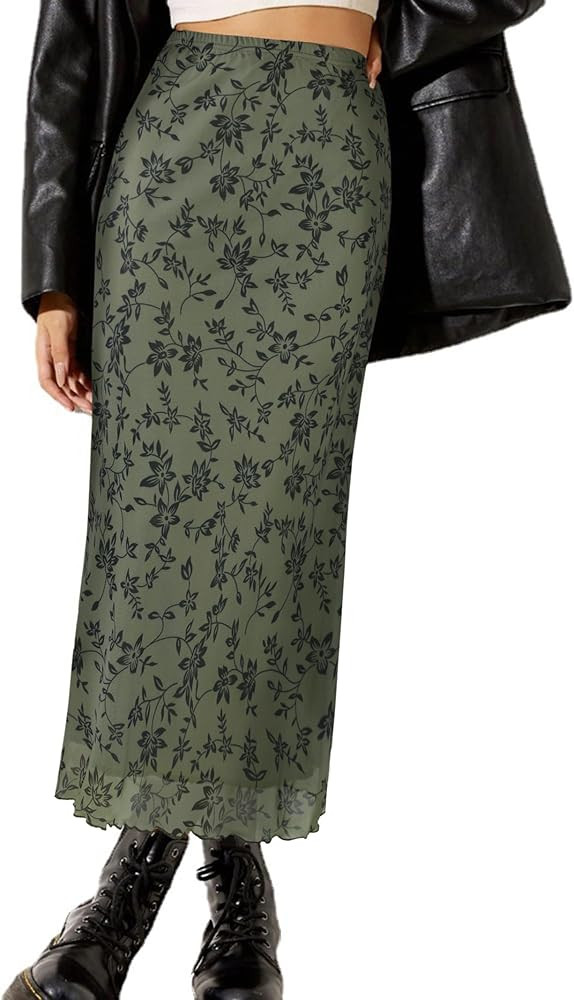 Avanova Women Mesh Floral Boho High Waist Midi Skirt Lettuce Trim Summer A Line Skirt | Amazon (US)