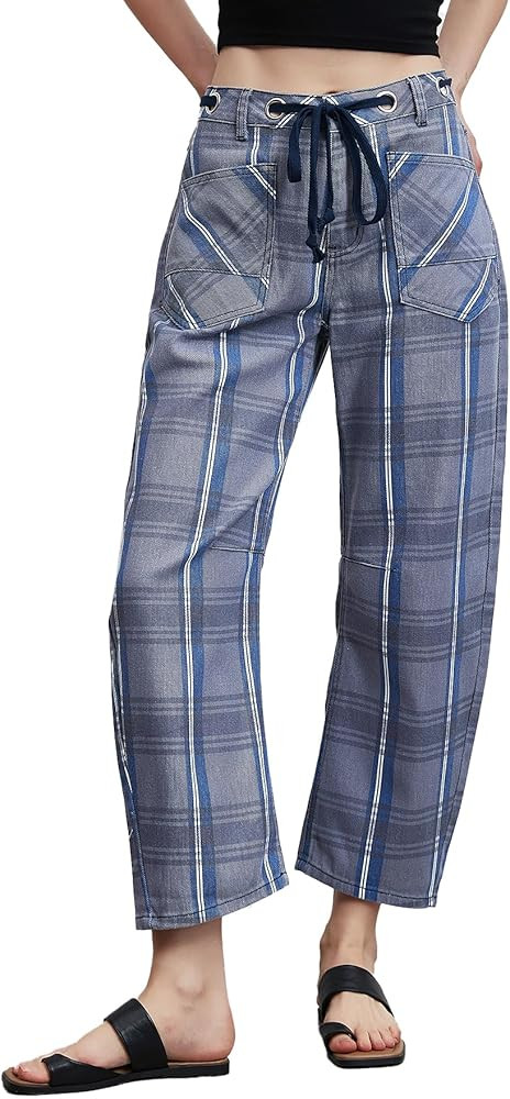 Kedera Women Drawstring Barrel Pants Plaid Wide Leg Pants Gingham Print Casual Pants Tie Up Trous... | Amazon (US)