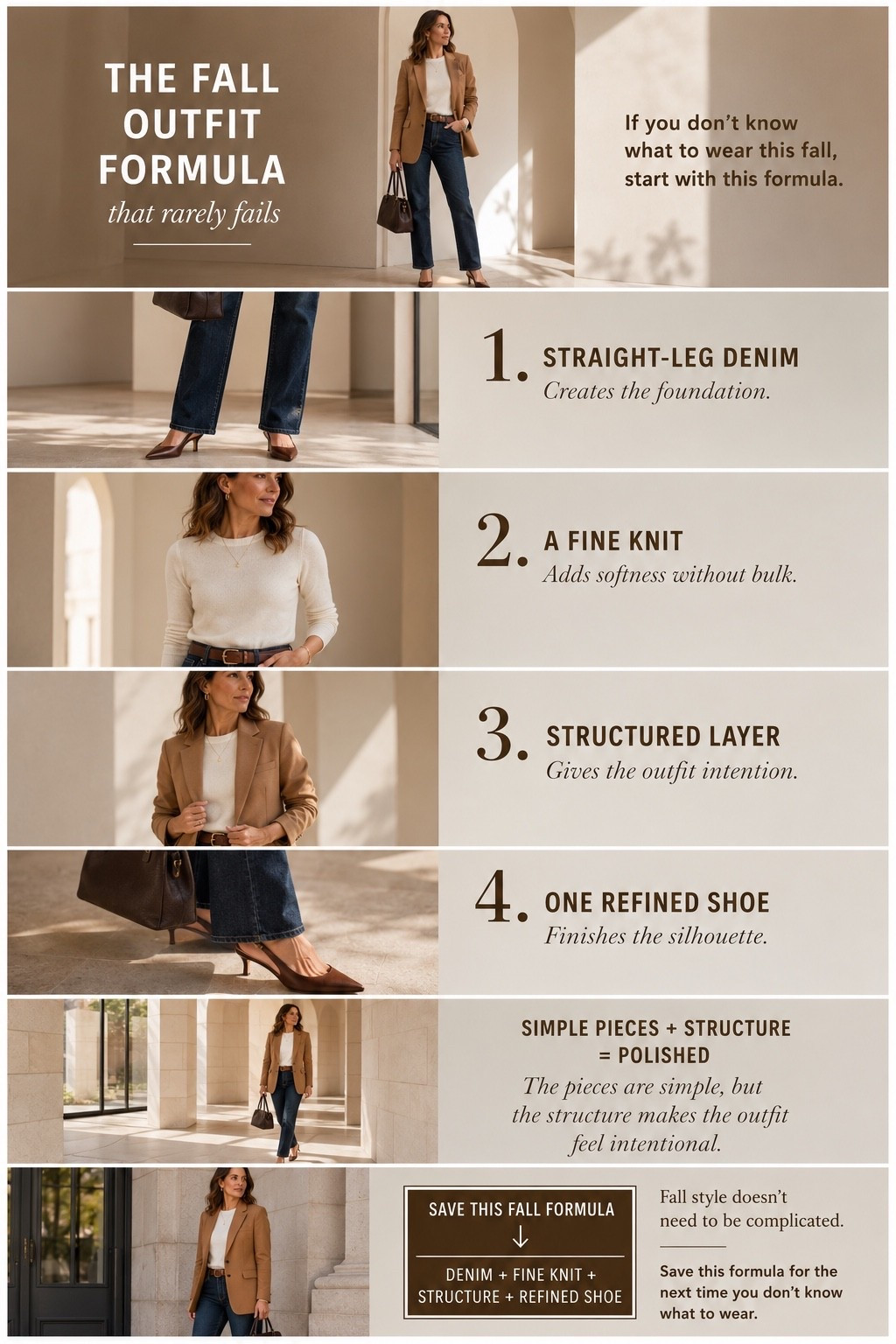 An easy formula for a polished fall outfit 🍂

Start with straight-leg denim, add a fine knit, bring in structure with a tailored layer, and finish with a refined shoe. Simple pieces, but the combination creates an outfit that feels intentional and elevated.

I’m linking similar fall staples to recreate this formula—from denim and knits to blazers, shoes and structured bags.

#LTKStyleTip #LTKOver40 #LTKFall #FallOutfit #FallStyle #PolishedStyle #FallWardrobe #ClassicStyle

#LTKOver40