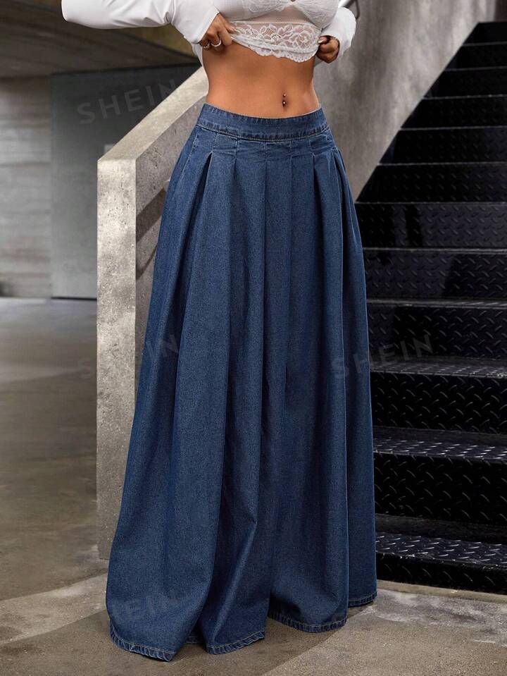 SHEIN ICON Women's Low Waist Extra Long Denim Skirt | SHEIN