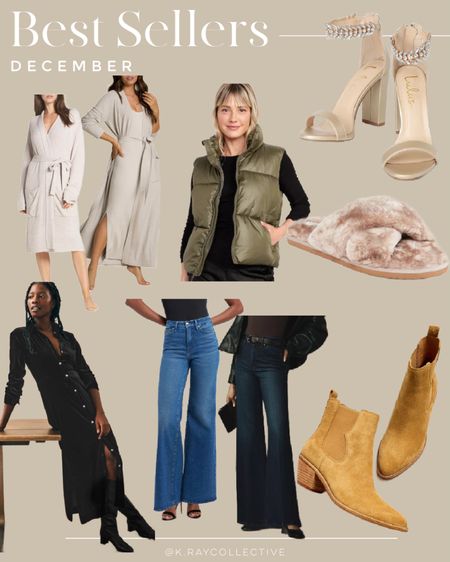 Here are the best selling links, and styles in the month of December for her.  Wide leg Palazzo jeans, the comfiest robe, and affordable puffer vest, party heels, slippers, and the most comfortable maxi velvet shirt dress.

#BestSellers #Jeans #Boots #MaxiDress #ShirtDress #Robe #GiftsForHer